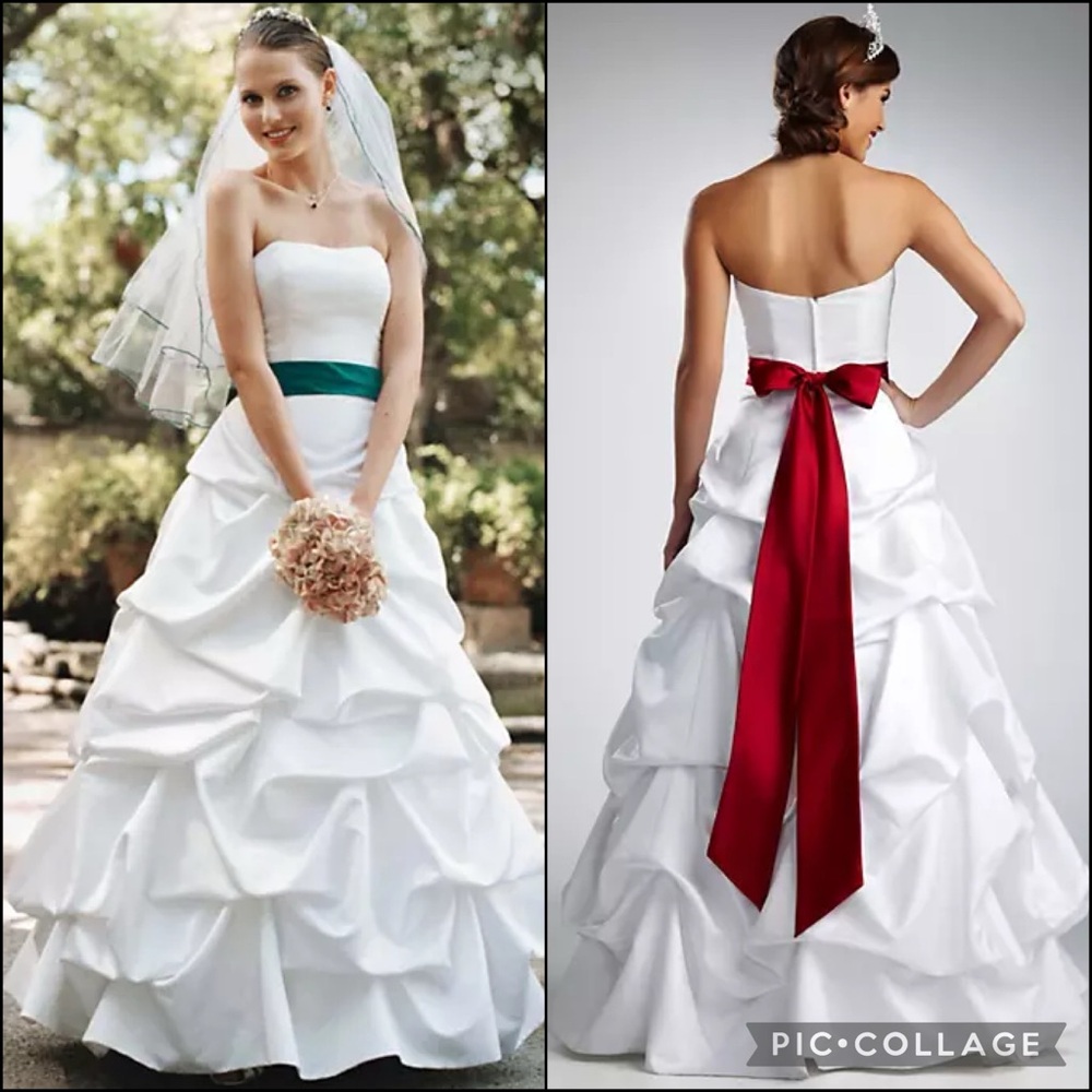 David’s Bridal White Satin Tiered Ruched Pin-tuck Ruffle Wedding Dress Gown